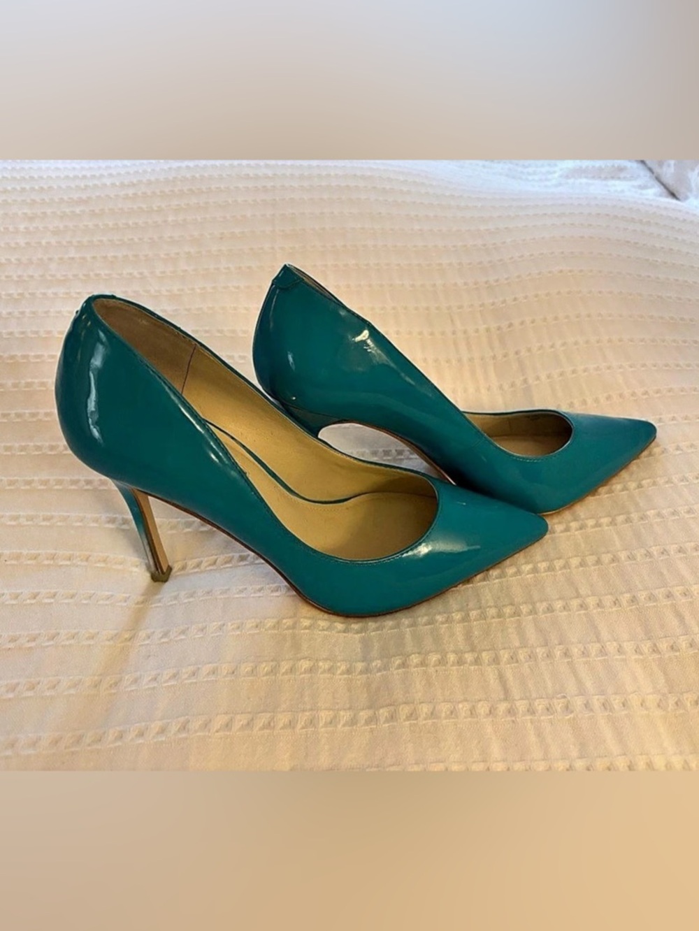 BCBG Teal Patent Stiletto Heels with Silver Detail